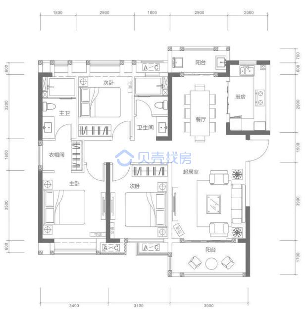 居室：3室2厅2卫 建面：126m²