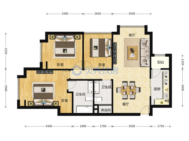 居室：3室2厅2卫 建面：112m²