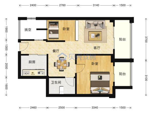 居室：2室1厅1卫 建面：64m²