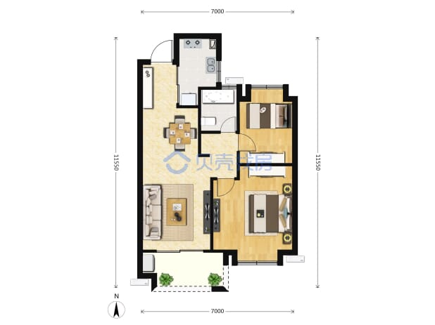 居室：2室2厅1卫 建面：77m²