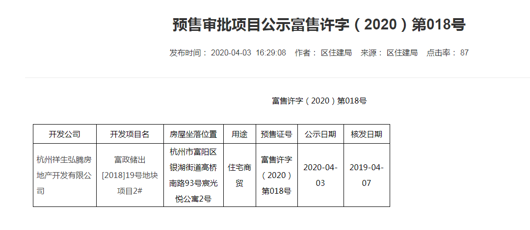 【杭州市富阳宸光悦楼盘】房价,户型,开盘时间详情 预售许可证