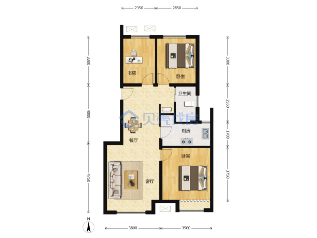 居室：3室2厅1卫 建面：89m²