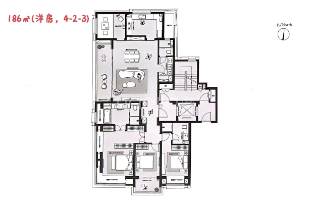 居室：4室2厅3卫 建面：186m²