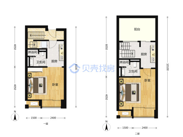 居室：2室1厅2卫 建面：45m²