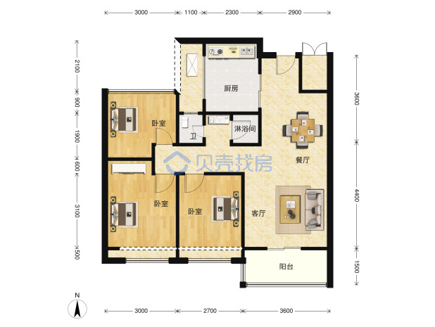 居室：3室2厅1卫 建面：88m²