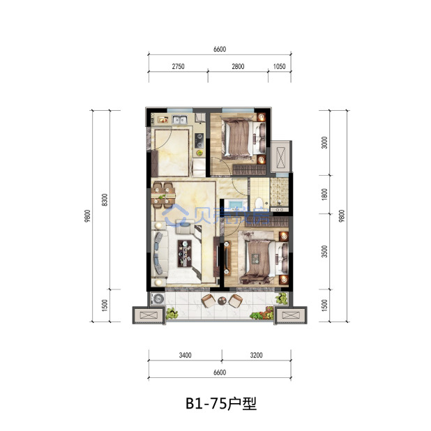 居室：2室2厅1卫 建面：75m²