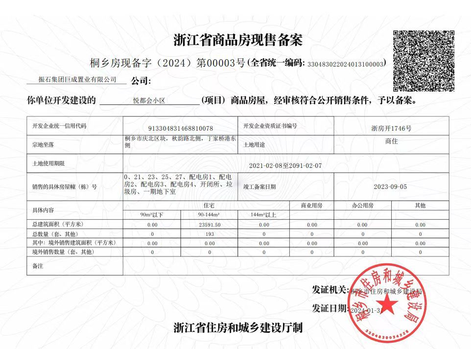 【嘉兴市巨成悦都会楼盘】房价,户型,开盘时间详情 预售许可证