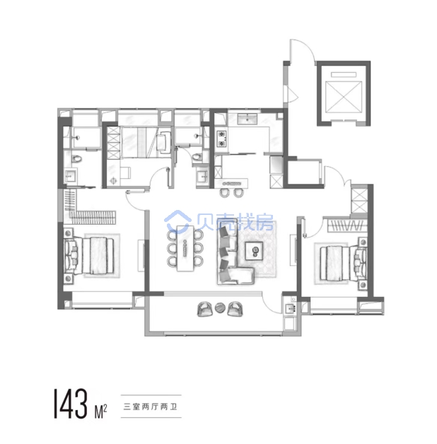 居室：3室2厅2卫 建面：143m²