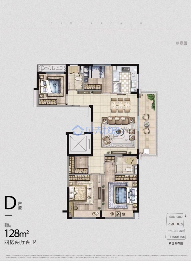 居室：4室2厅2卫 建面：128m²