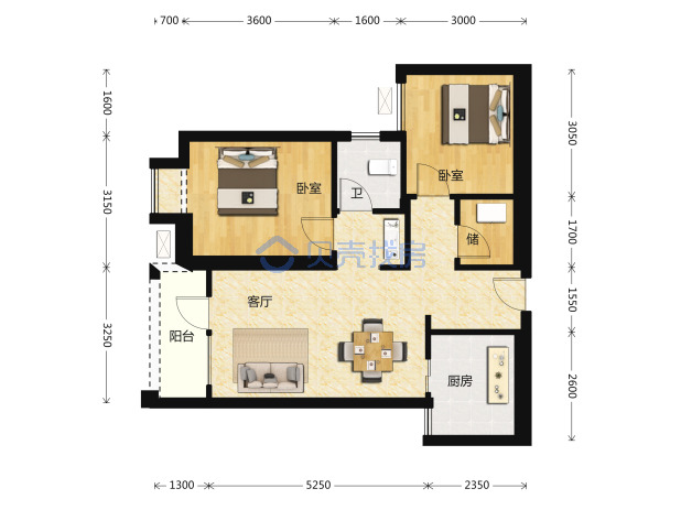 居室：2室2厅1卫 建面：75m²