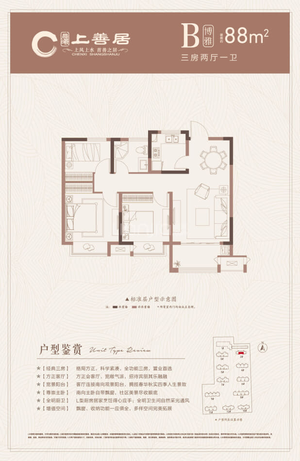 居室：3室2厅1卫 建面：88m²