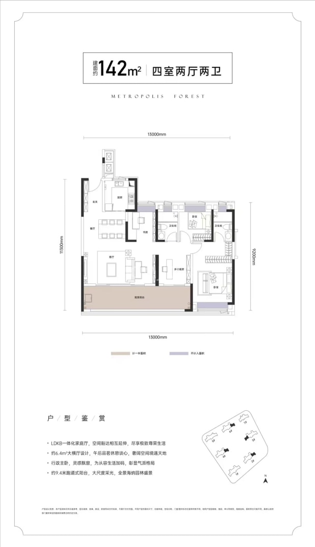 居室：4室2厅2卫 建面：142m²