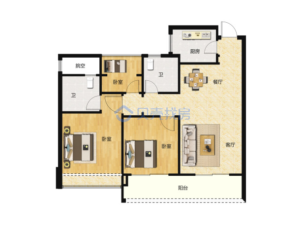 居室：3室2厅2卫 建面：89m²