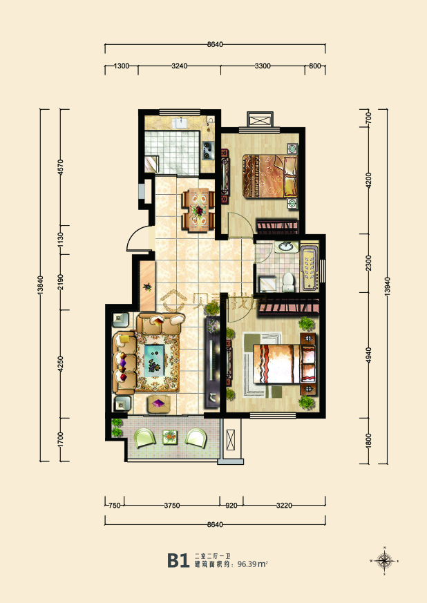 居室：2室2厅1卫 建面：96m²