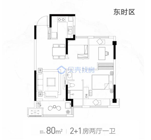 居室：2室2厅1卫 建面：80m²