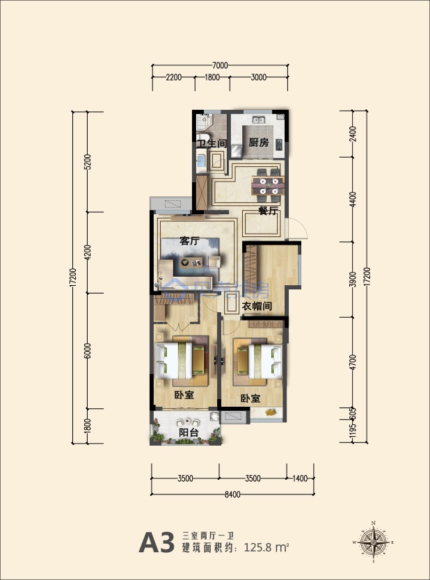 居室：3室2厅1卫 建面：125.8m²