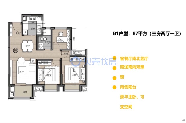 居室：3室2厅1卫 建面：87m²