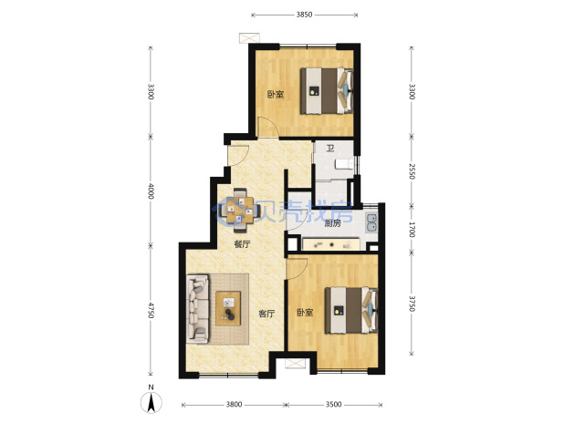 居室：2室2厅1卫 建面：81m²