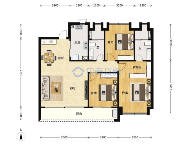 居室：3室2厅2卫 建面：130m²