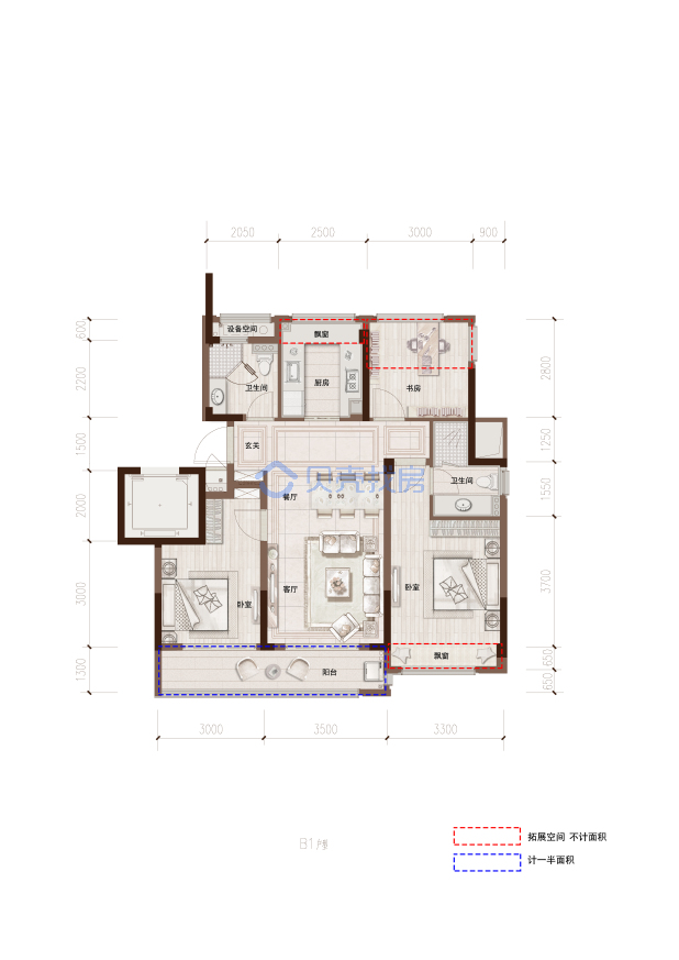 居室：3室2厅2卫 建面：89m²