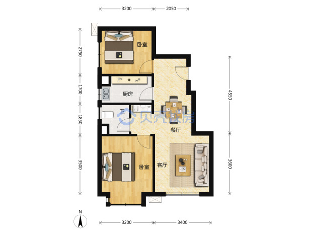 居室：2室2厅1卫 建面：70m²