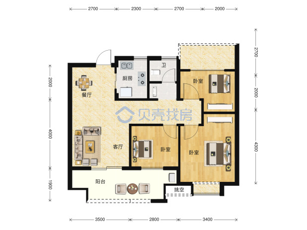 居室：3室2厅1卫 建面：93m²