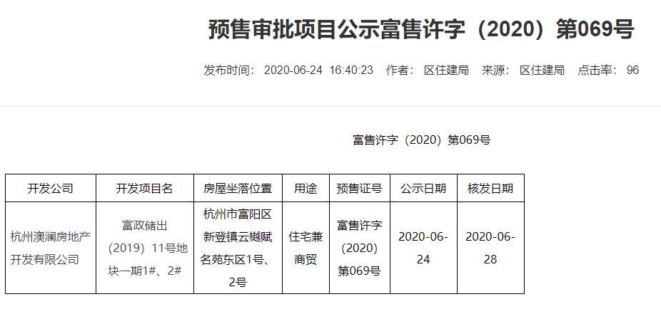 【杭州市澳海云樾赋楼盘】房价,户型,开盘时间详情 预售许可证