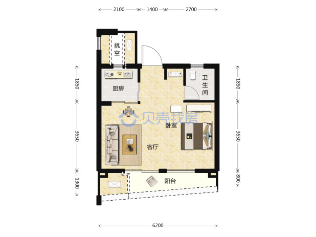 居室：1室1厅1卫 建面：50m²