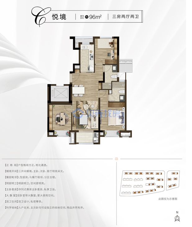 居室：3室2厅2卫 建面：96m²