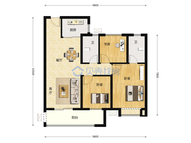 居室：3室2厅2卫 建面：105m²