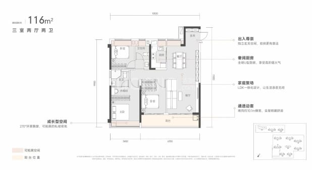 居室：3室2厅2卫 建面：116m²