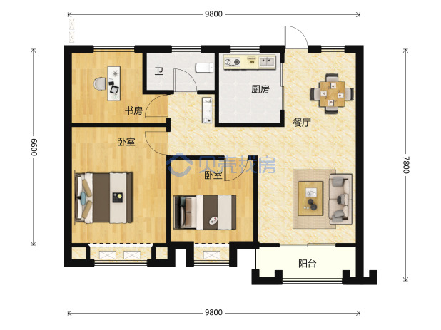 居室：3室2厅1卫 建面：91.89m²