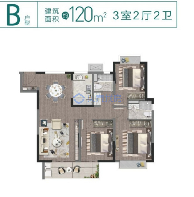 居室：3室2厅2卫 建面：120m²