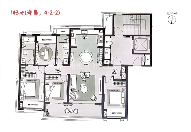 居室：4室2厅2卫 建面：143m²