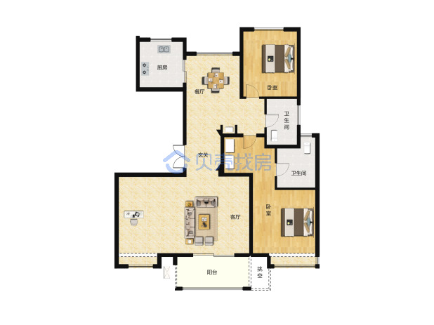 居室：2室2厅2卫 建面：105m²