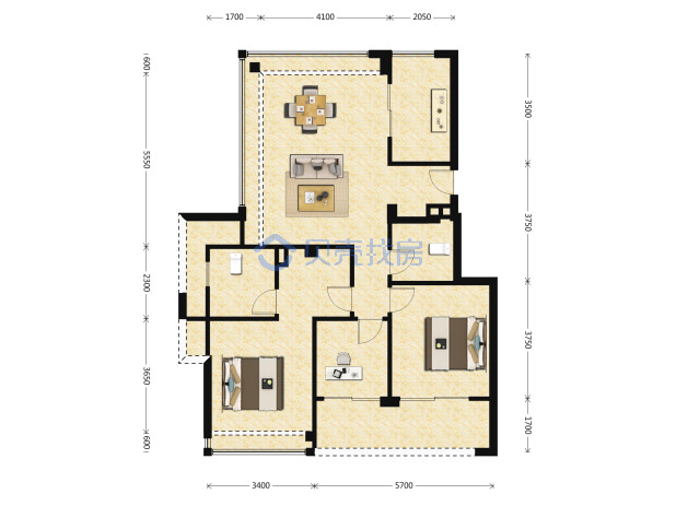 居室：3室2厅2卫 建面：102m²