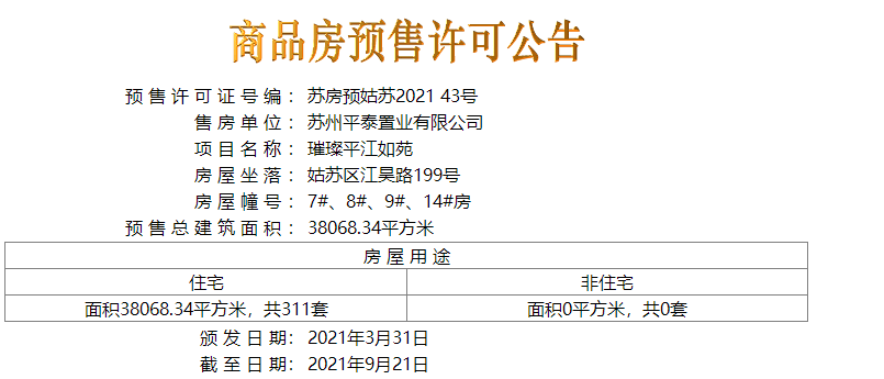 【苏州市璀璨平江如苑楼盘】房价,户型,开盘时间详情 预售许可证