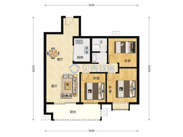 居室：3室2厅1卫 建面：92m²