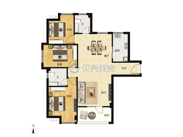 居室：3室2厅2卫 建面：108m²