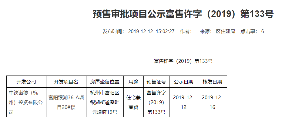 【杭州市中国中铁溪畔云璟府楼盘】房价,户型,开盘时间详情 预售许可证