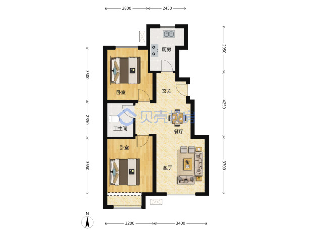 居室：2室2厅1卫 建面：70m²