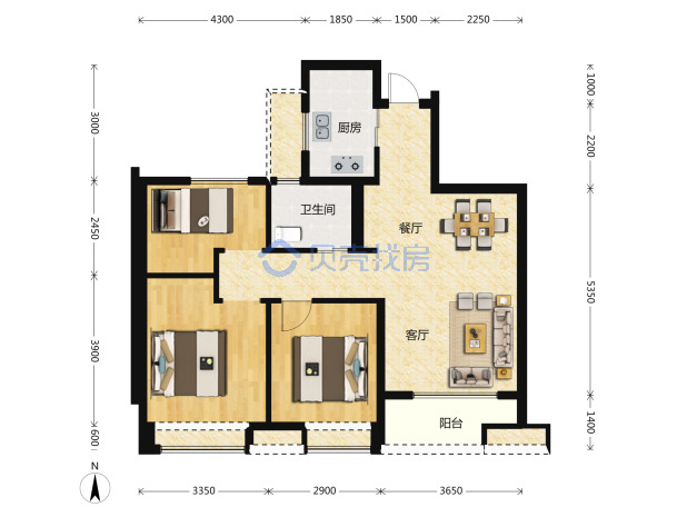 居室：3室2厅1卫 建面：88m²