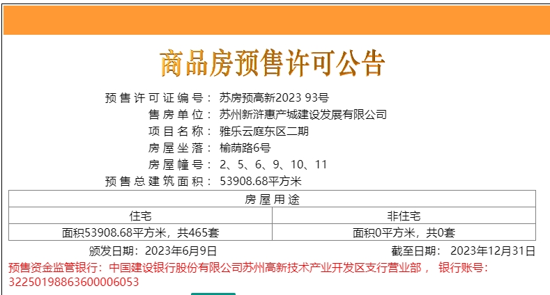 【苏州市乐云庭楼盘】房价,户型,开盘时间详情 预售许可证