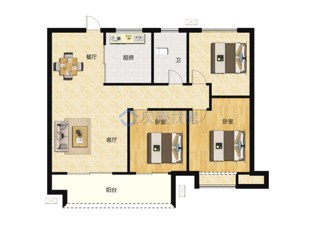 居室：3室2厅1卫 建面：90m²