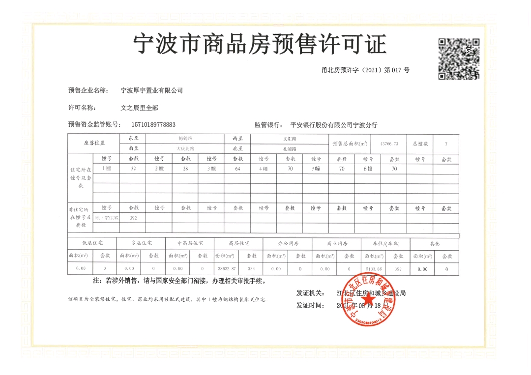 【宁波市德信新中宇·文辰府楼盘】房价,户型,开盘时间详情 预售许可证