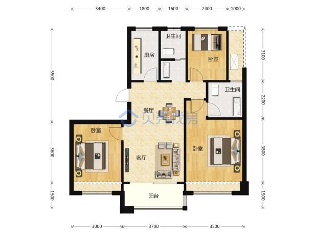 居室：3室2厅2卫 建面：98m²