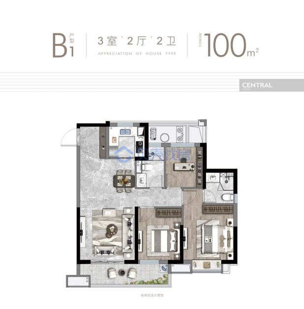 居室：3室2厅2卫 建面：100m²