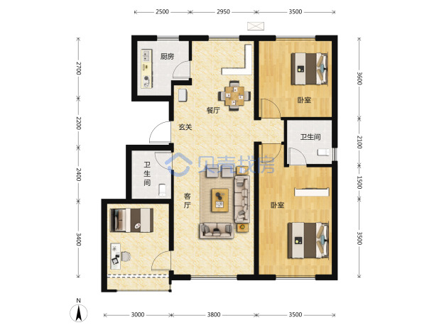 居室：3室2厅2卫 建面：118m²