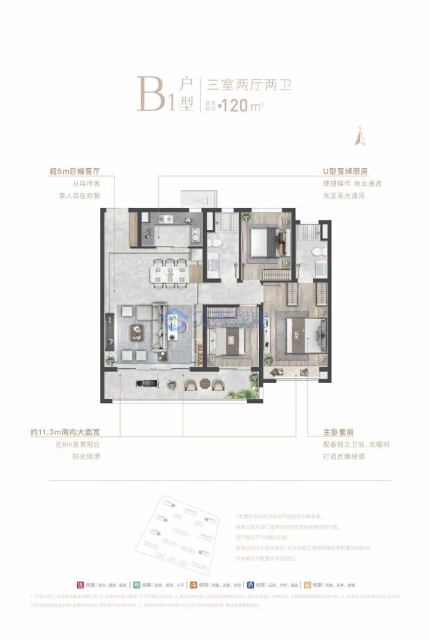 居室：3室2厅2卫 建面：120m²