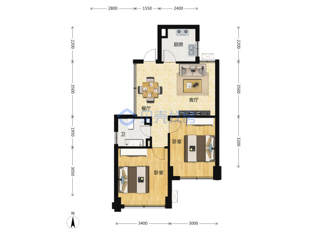 居室：2室2厅1卫 建面：77m²